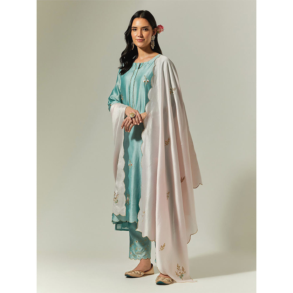 Anantaa by Roohi Trehan Blue Silk Chanderi Hand Embroidered Kurta With Plackett