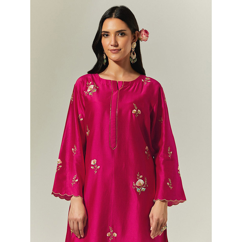 Anantaa by Roohi Trehan Fuchsia Silk Chanderi Hand Embroidered Kurta With Plackett