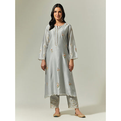 Anantaa by Roohi Trehan Grey Silk Chanderi Hand Embroidered Kurta With Plackett