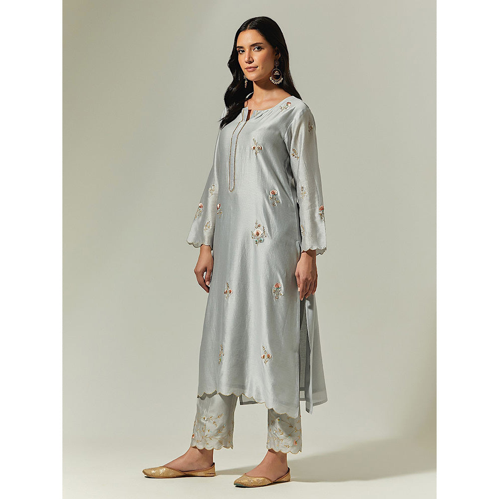 Anantaa by Roohi Trehan Grey Silk Chanderi Hand Embroidered Kurta With Plackett
