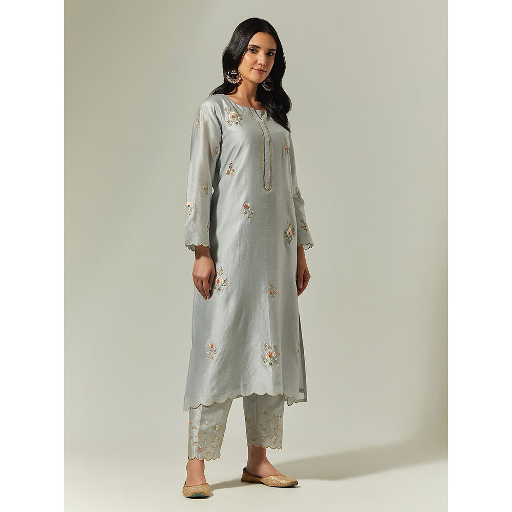 Anantaa by Roohi Trehan Grey Silk Chanderi Hand Embroidered Kurta With Plackett