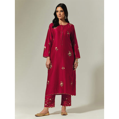Anantaa by Roohi Trehan Red Silk Chanderi Hand Embroidered Kurta With Plackett