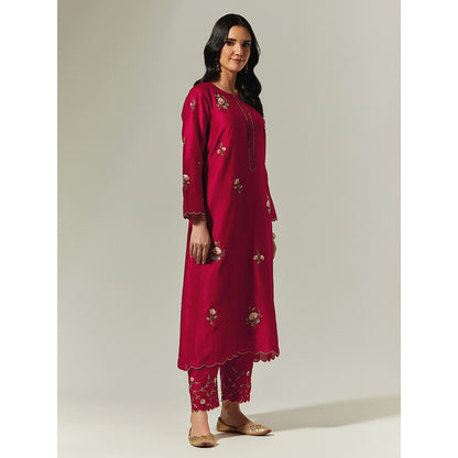 Anantaa by Roohi Trehan Red Silk Chanderi Hand Embroidered Kurta With Plackett