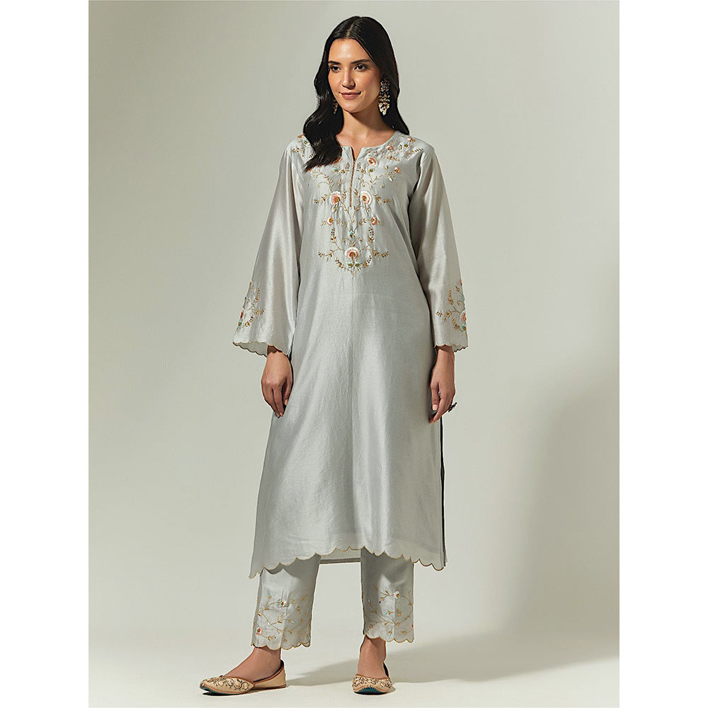 Anantaa by Roohi Trehan Grey Silk Chanderi Hand Embroidered Kurta