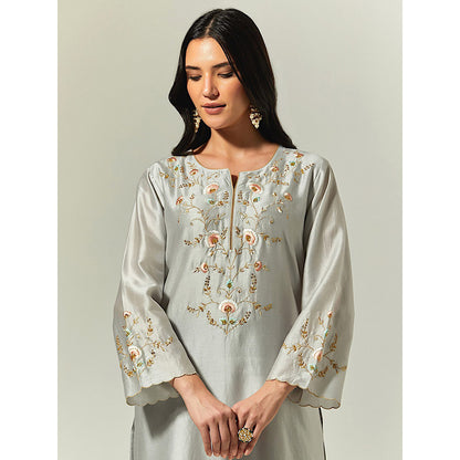 Anantaa by Roohi Trehan Grey Silk Chanderi Hand Embroidered Kurta