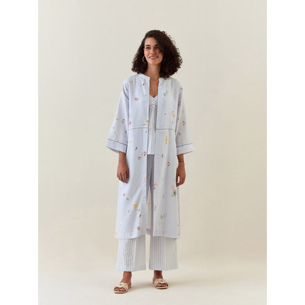 Anantaa by Roohi Trehan Blue Botanical Print Front Open Cotton Linen Jacket