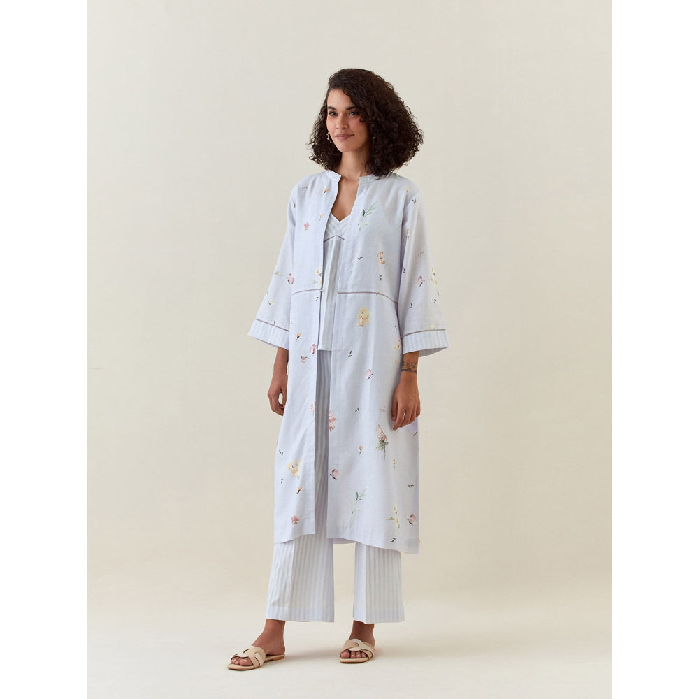 Anantaa by Roohi Trehan Blue Botanical Print Front Open Cotton Linen Jacket