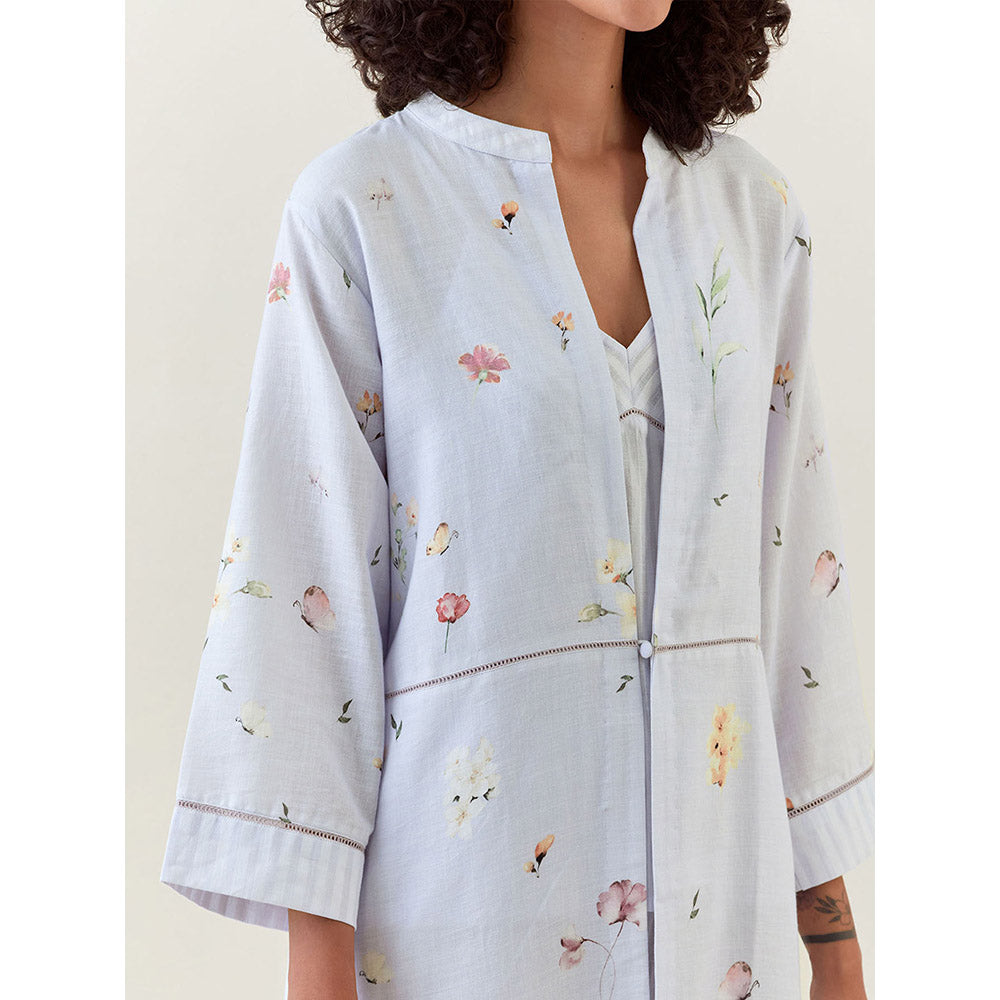Anantaa by Roohi Trehan Blue Botanical Print Front Open Cotton Linen Jacket