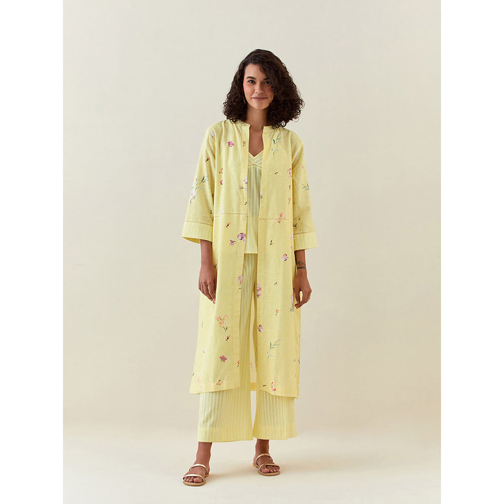 Anantaa by Roohi Trehan Yellow Botanical Print Front Open Cotton Linen Jacket