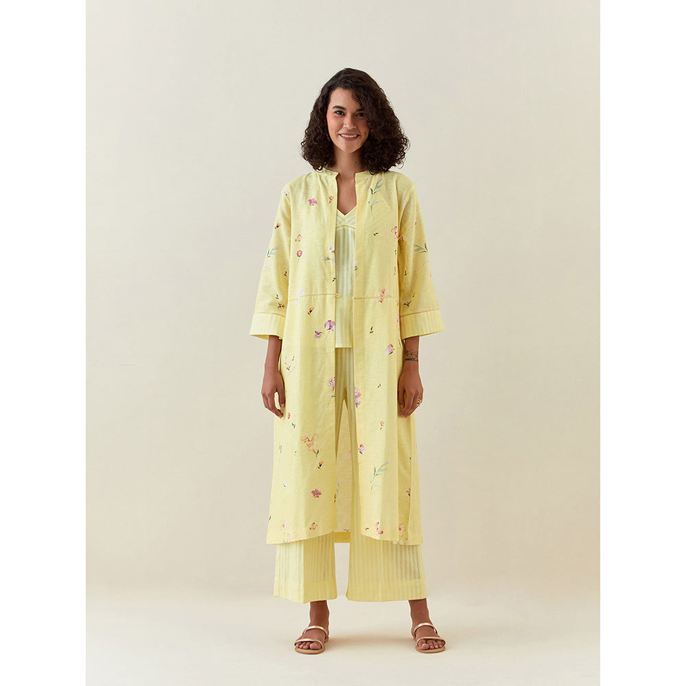 Anantaa by Roohi Trehan Yellow Botanical Print Front Open Cotton Linen Jacket
