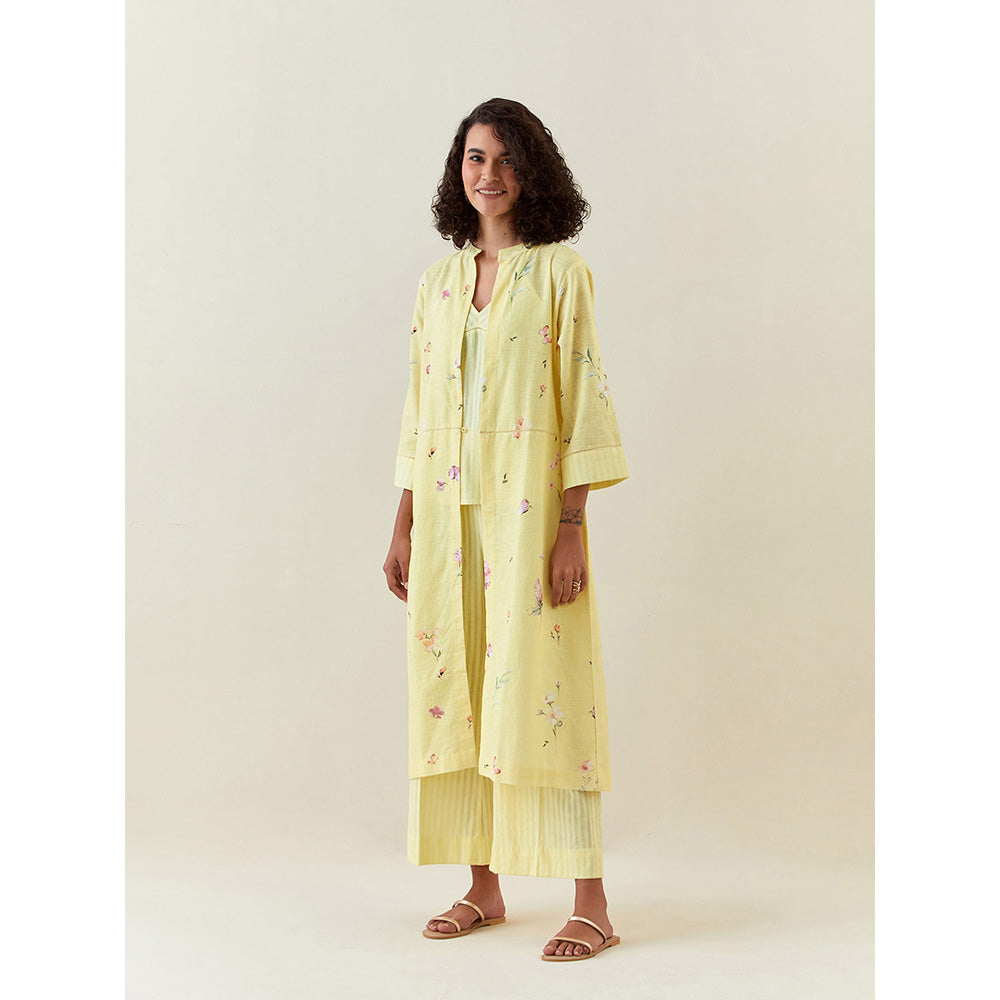 Anantaa by Roohi Trehan Yellow Botanical Print Front Open Cotton Linen Jacket