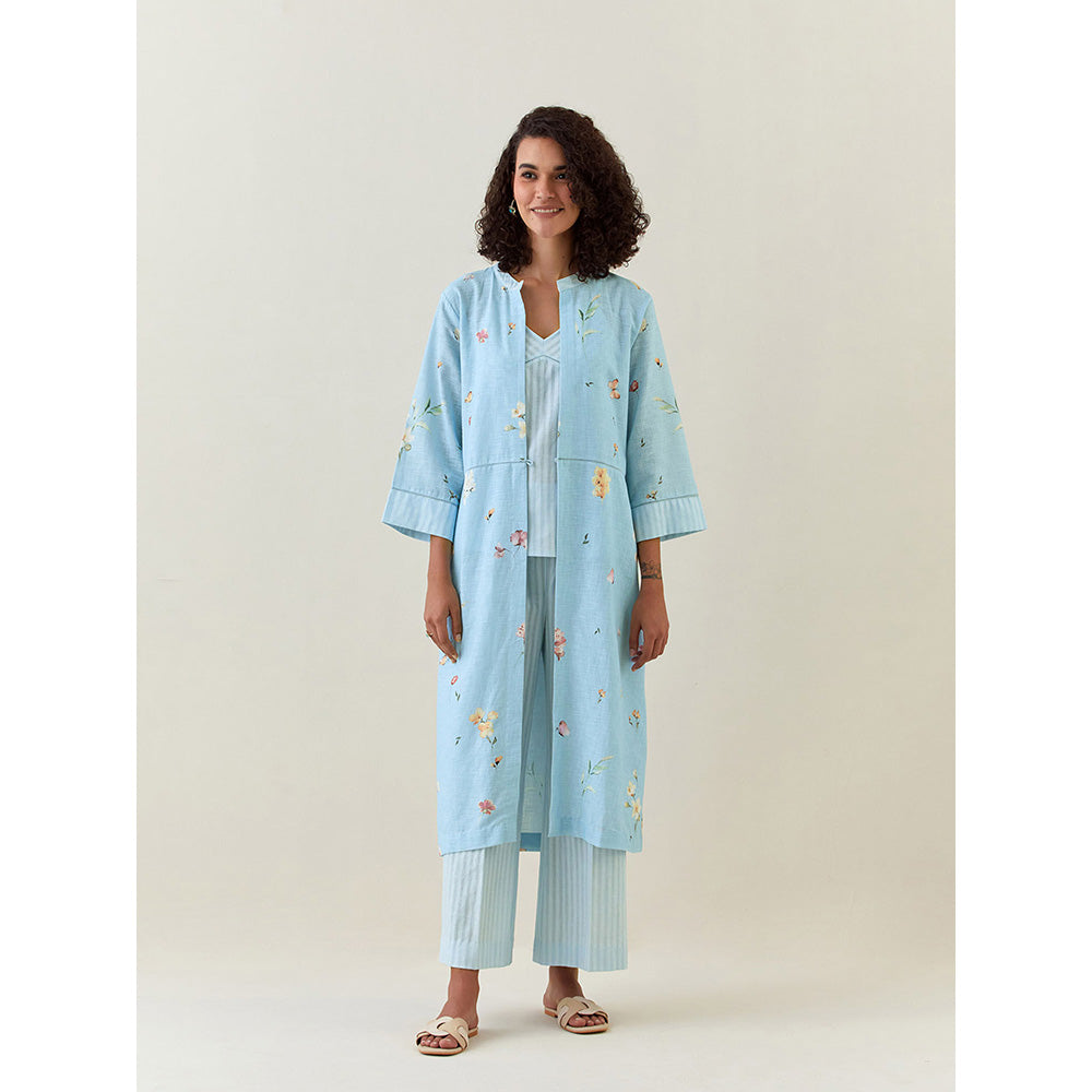 Anantaa by Roohi Trehan Blue Botanical Print Front Open Cotton Linen Jacket