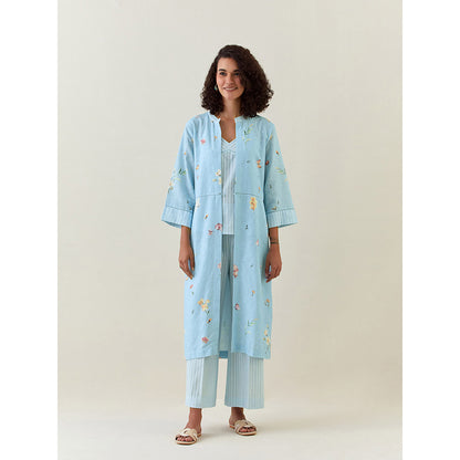Anantaa by Roohi Trehan Blue Botanical Print Front Open Cotton Linen Jacket