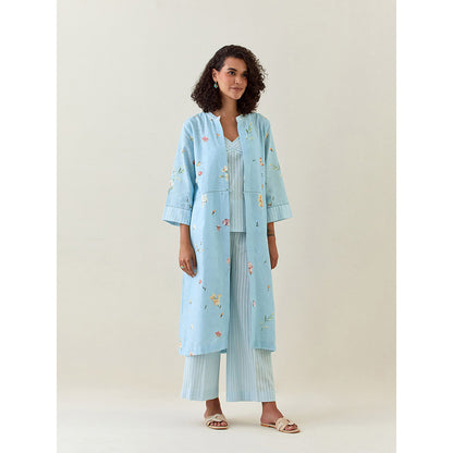 Anantaa by Roohi Trehan Blue Botanical Print Front Open Cotton Linen Jacket