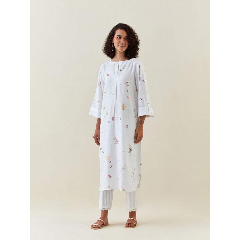 Anantaa by Roohi Trehan White Botanical Print Cotton Linen Tunic With Pocket