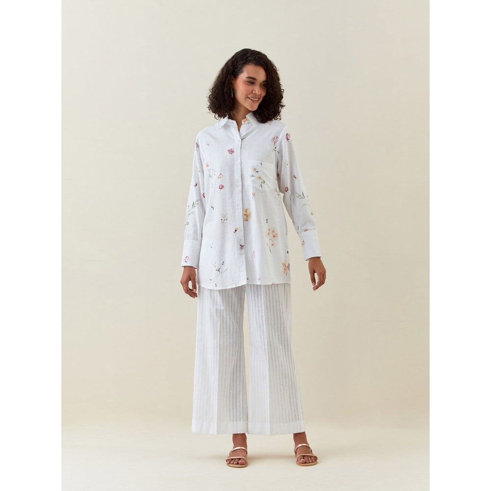Anantaa by Roohi Trehan White Botanical Print Cotton Linen Shirt