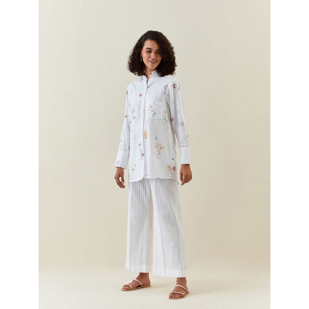 Anantaa by Roohi Trehan White Botanical Print Cotton Linen Shirt