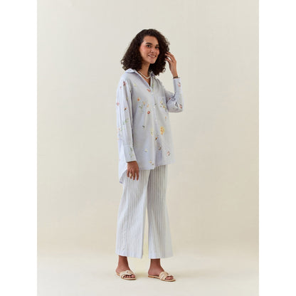 Anantaa by Roohi Trehan Blue Botanical Print Cotton Linen Shirt
