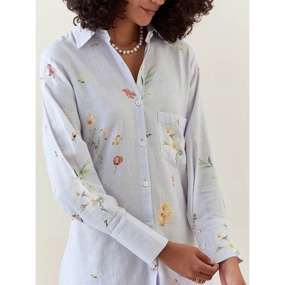 Anantaa by Roohi Trehan Blue Botanical Print Cotton Linen Shirt