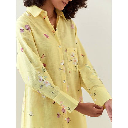 Anantaa by Roohi Trehan Yellow Botanical Print Cotton Linen Shirt