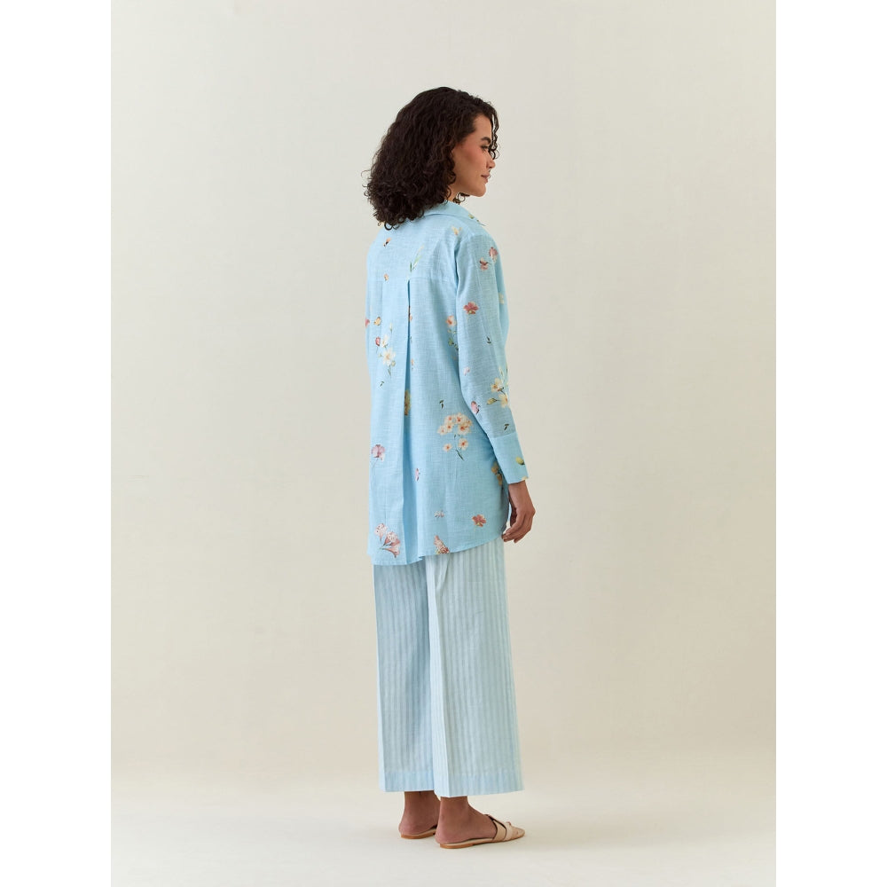 Anantaa by Roohi Trehan Blue Botanical Print Cotton Linen Shirt