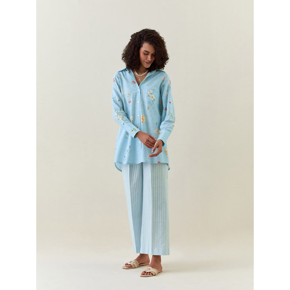Anantaa by Roohi Trehan Blue Botanical Print Cotton Linen Shirt