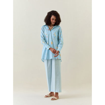Anantaa by Roohi Trehan Blue Botanical Print Cotton Linen Shirt