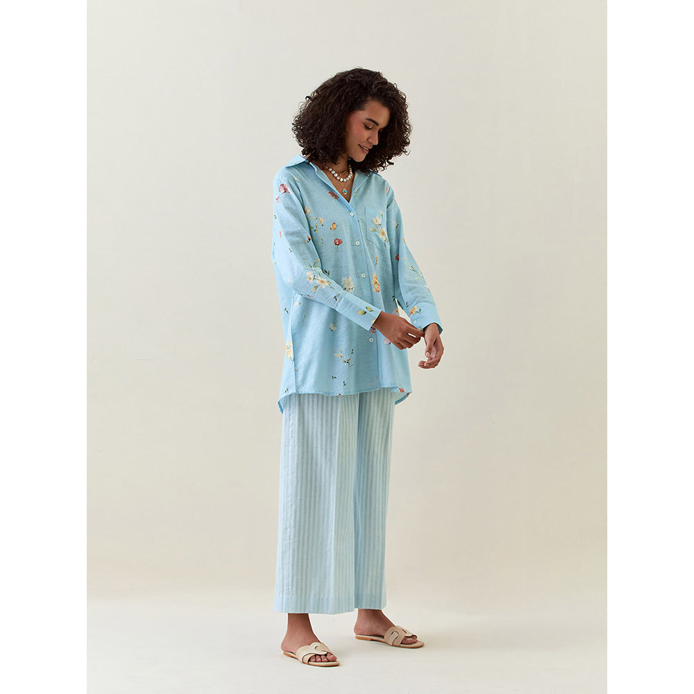 Anantaa by Roohi Trehan Blue Botanical Print Cotton Linen Shirt