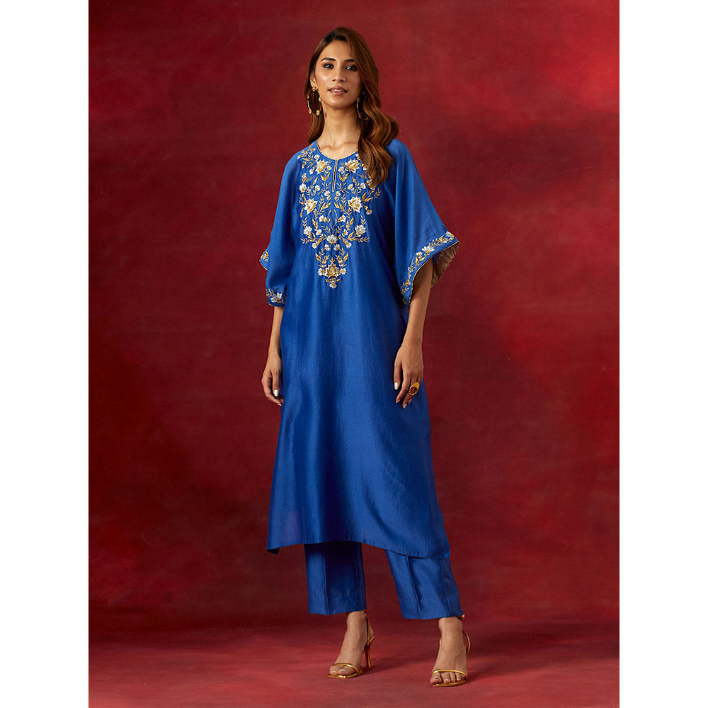 Anantaa by Roohi Trehan Blue Embroidered Yoke Kaftan Kurta With Pant (Set of 2)