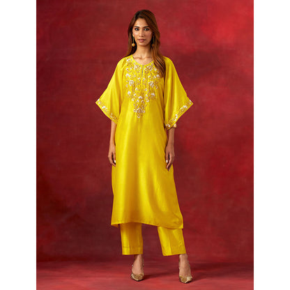 Anantaa by Roohi Trehan Yellow Embroidered Yoke Kaftan Kurta With Pant (Set of 2)
