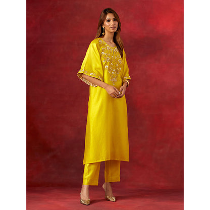 Anantaa by Roohi Trehan Yellow Embroidered Yoke Kaftan Kurta With Pant (Set of 2)