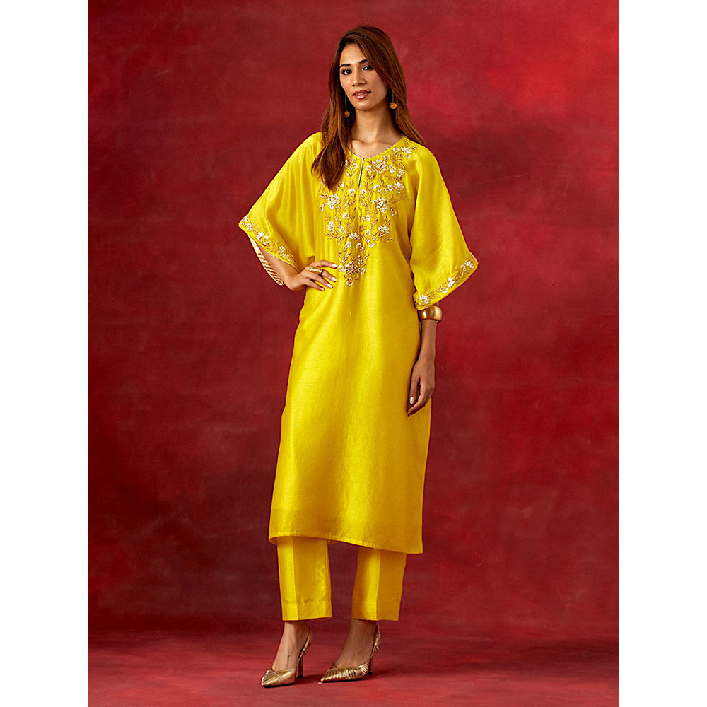 Anantaa by Roohi Trehan Yellow Embroidered Yoke Kaftan Kurta With Pant (Set of 2)