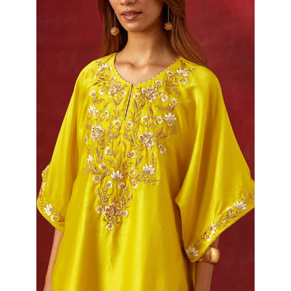 Anantaa by Roohi Trehan Yellow Embroidered Yoke Kaftan Kurta With Pant (Set of 2)