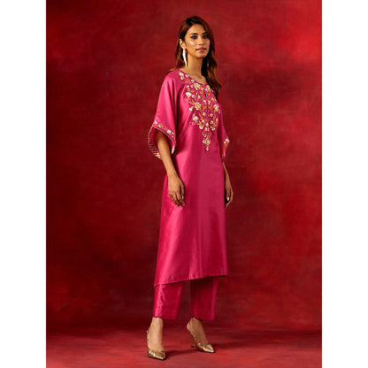 Anantaa by Roohi Trehan Fuchsia Embroidered Yoke Kaftan Kurta With Pant (Set of 2)