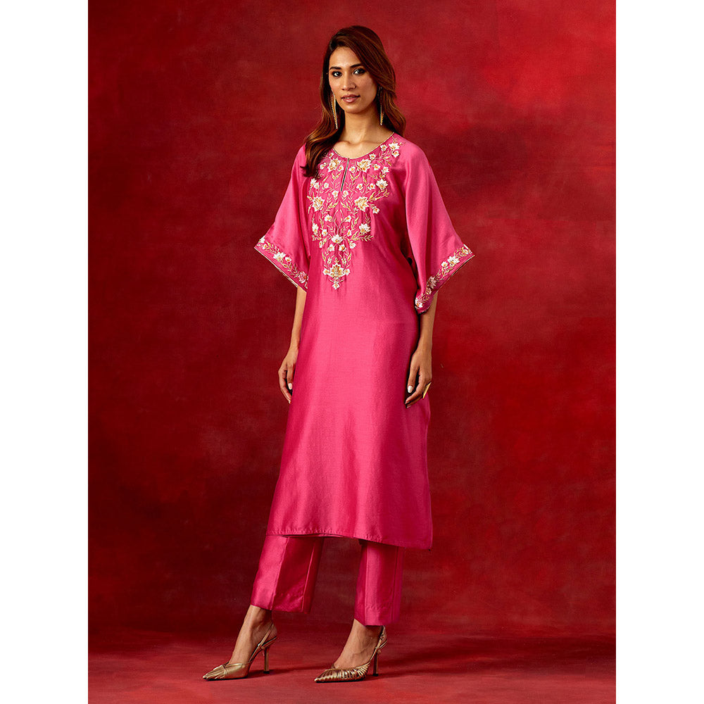 Anantaa by Roohi Trehan Fuchsia Embroidered Yoke Kaftan Kurta With Pant (Set of 2)