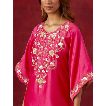 Anantaa by Roohi Trehan Fuchsia Embroidered Yoke Kaftan Kurta With Pant (Set of 2)