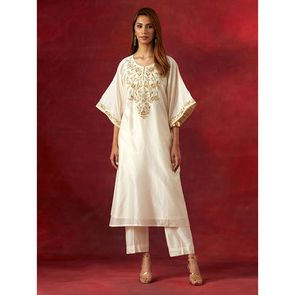 Anantaa by Roohi Trehan Off White Embroidered Yoke Kaftan Kurta With Pant (Set of 2)