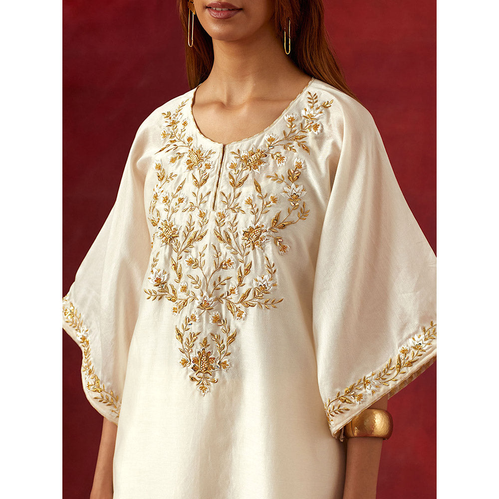 Anantaa by Roohi Trehan Off White Embroidered Yoke Kaftan Kurta With Pant (Set of 2)