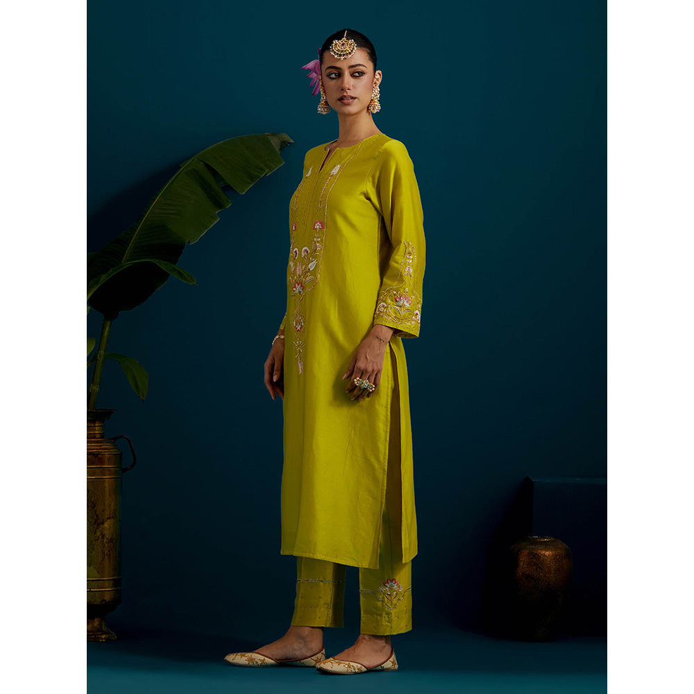 Anantaa by Roohi Trehan Lime Yellow Round Neck Long Yoke Kurta