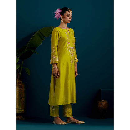 Anantaa by Roohi Trehan Lime Yellow Round Neck Long Yoke Kurta