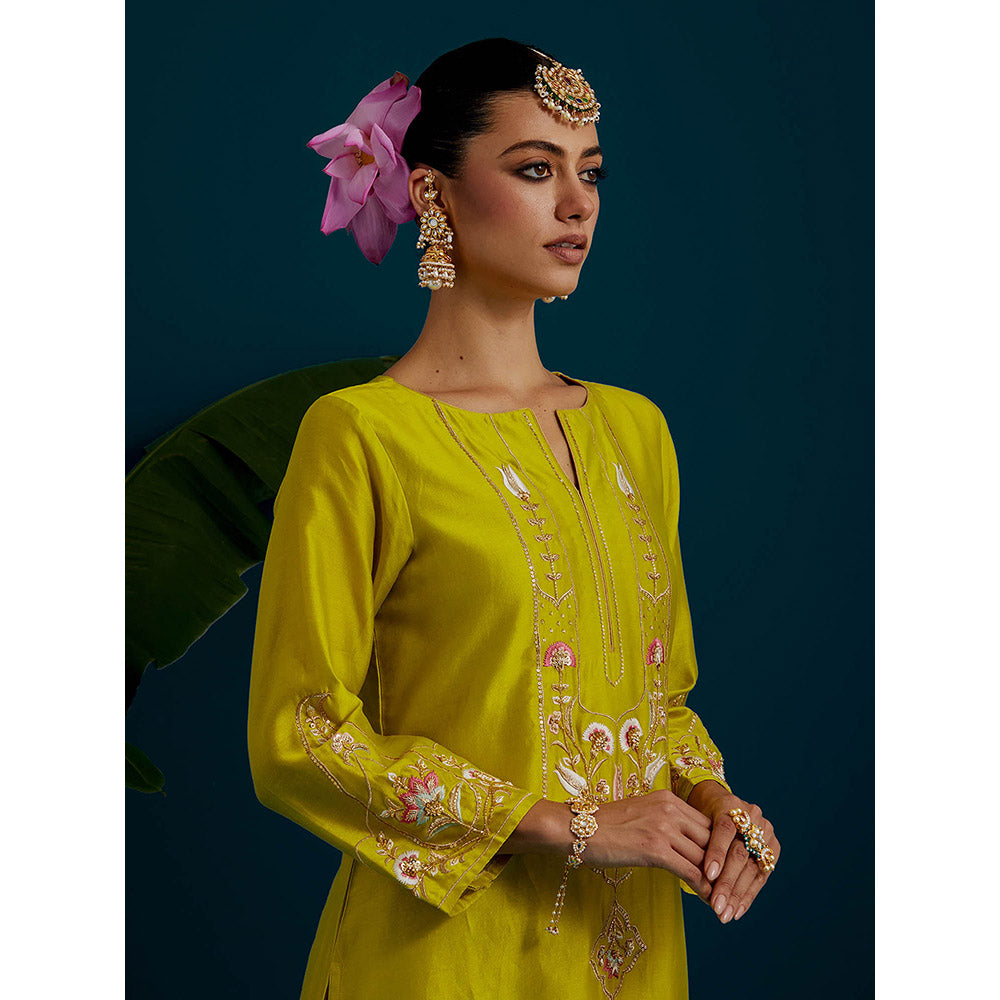 Anantaa by Roohi Trehan Lime Yellow Round Neck Long Yoke Kurta