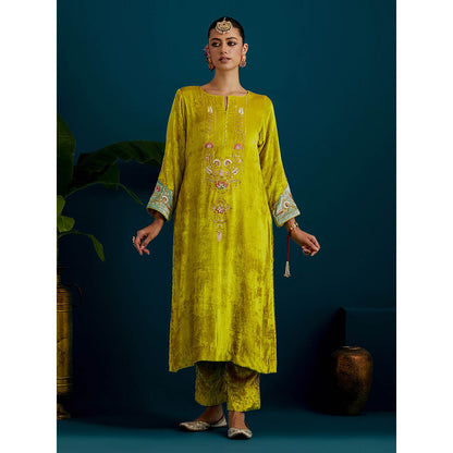 Anantaa by Roohi Trehan Lime Yellow Velvet Round Neck Kurta