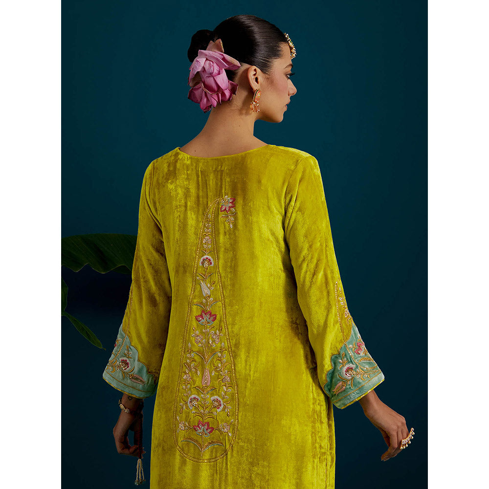 Anantaa by Roohi Trehan Lime Yellow Velvet Round Neck Kurta