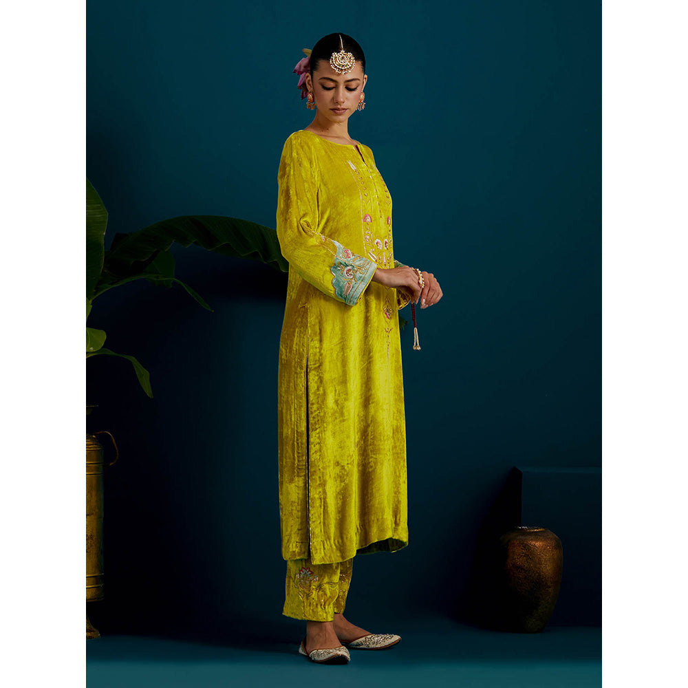 Anantaa by Roohi Trehan Lime Yellow Velvet Round Neck Kurta