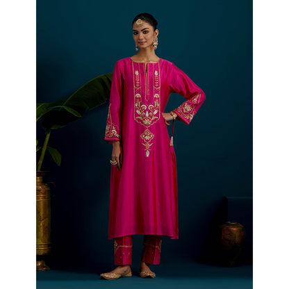 Anantaa by Roohi Trehan Pink Round Neck Long Yoke Kurta with Pant (Set of 2)