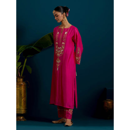 Anantaa by Roohi Trehan Pink Round Neck Long Yoke Kurta with Pant (Set of 2)