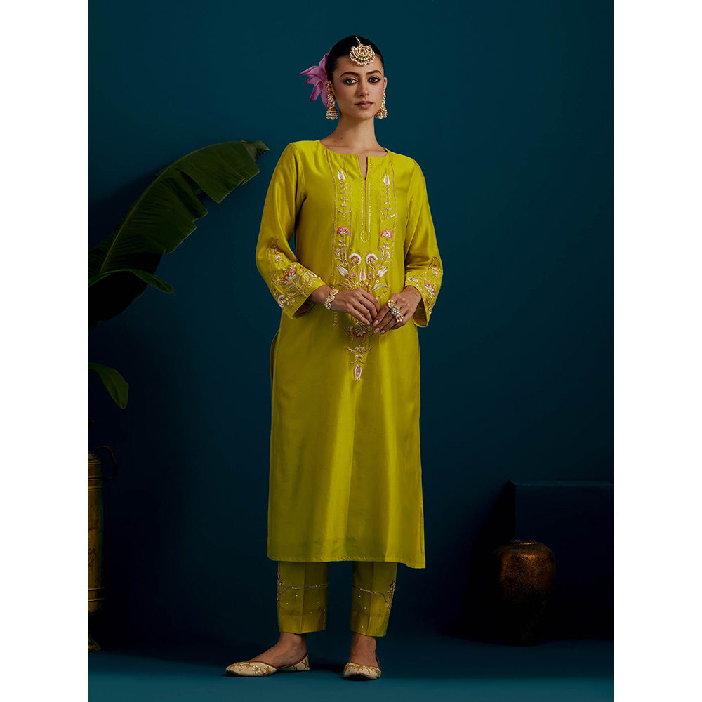 Anantaa by Roohi Trehan Lime Yellow Round Neck Long Yoke Kurta with Pant (Set of 2)