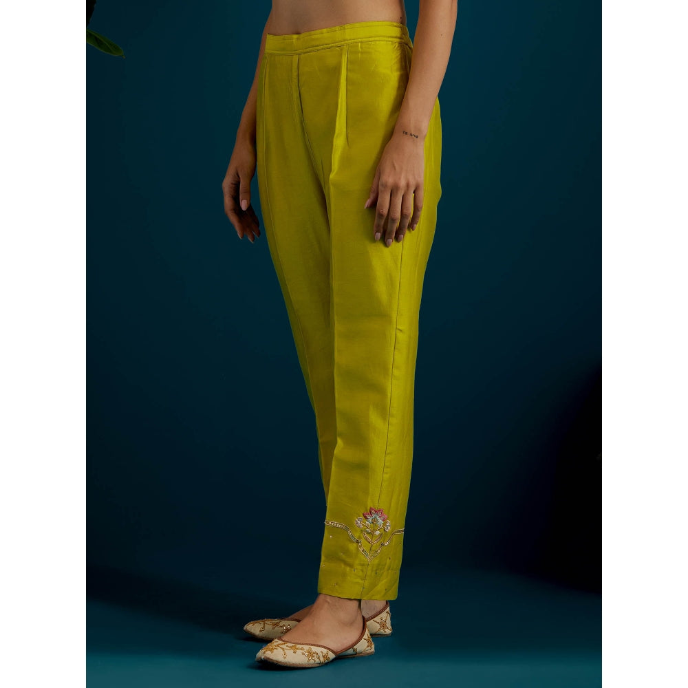 Anantaa by Roohi Trehan Lime Yellow Round Neck Long Yoke Kurta with Pant (Set of 2)