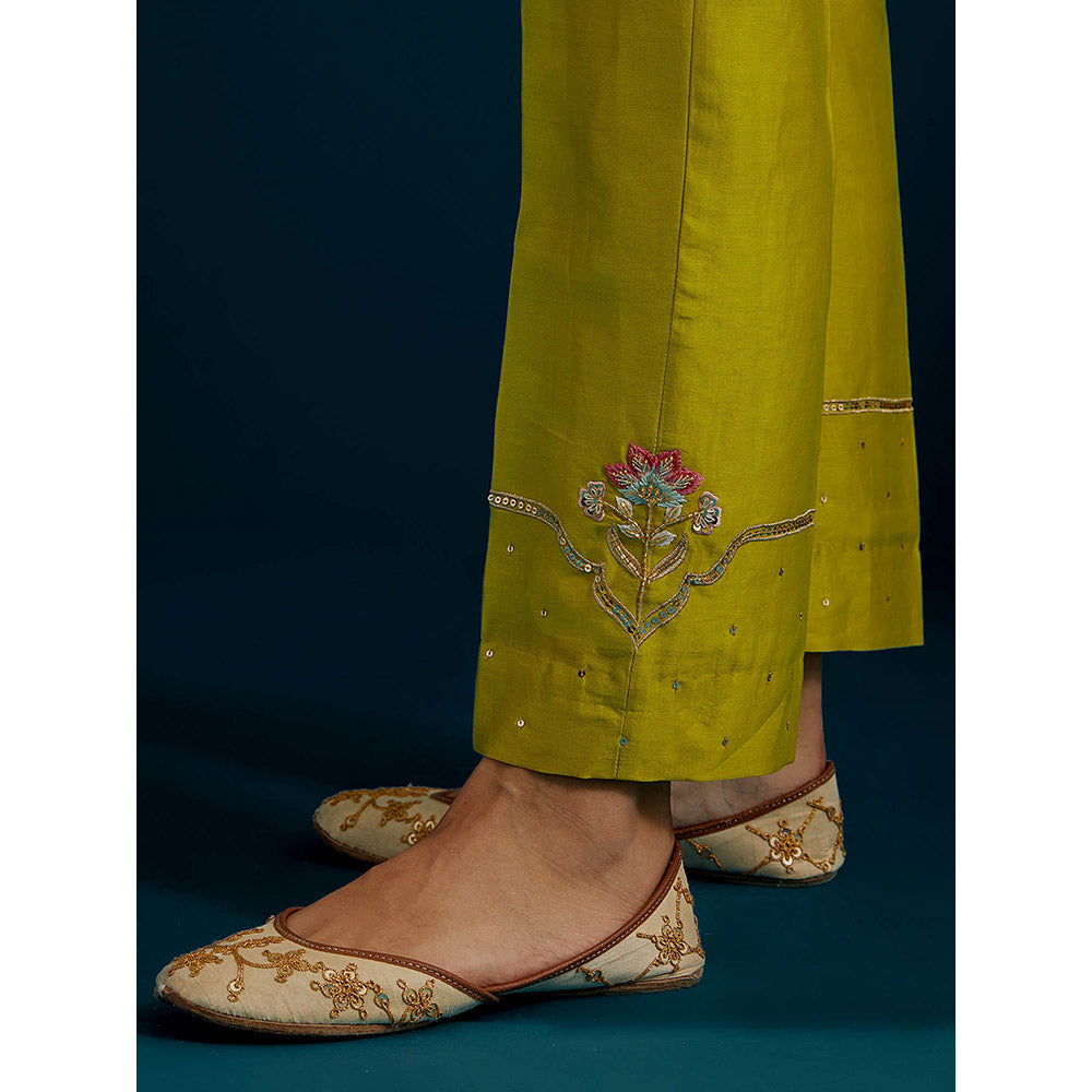 Anantaa by Roohi Trehan Lime Yellow Round Neck Long Yoke Kurta with Pant (Set of 2)