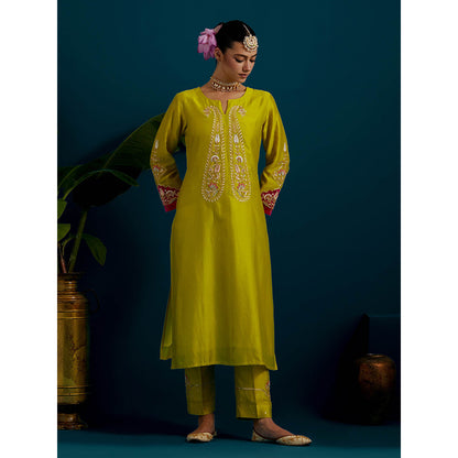 Anantaa by Roohi Trehan Lime Yellow Paisley Yoke Kurta with Pant (Set of 2)